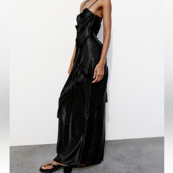 Zara NWT black satin & mesh floral appliqué slip maxi dress with spaghetti strap - Picture 8 of 12